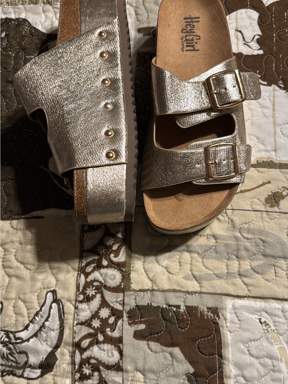 Hey Girl Metallic Gold Dual-Buckle Slide Sandals